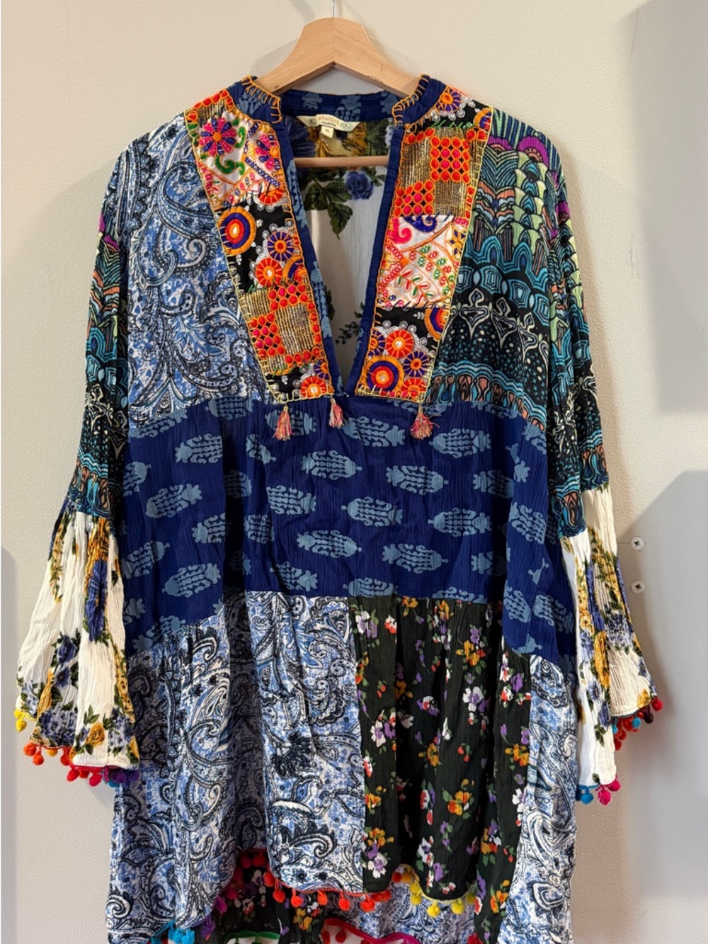 Boho Patchwork Navy Midi Dress Or Tunic with Embroidered V-Neck